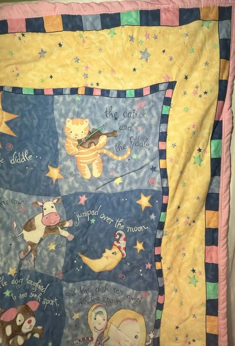 Mother Goose Rhyme Hey Diddle Diddle Pastel Quilt Top Pink Reverse Panel crib
